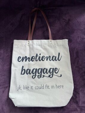 Canvas Tote Bag with Brown Leather-Like Handles - Emotional Baggage Print